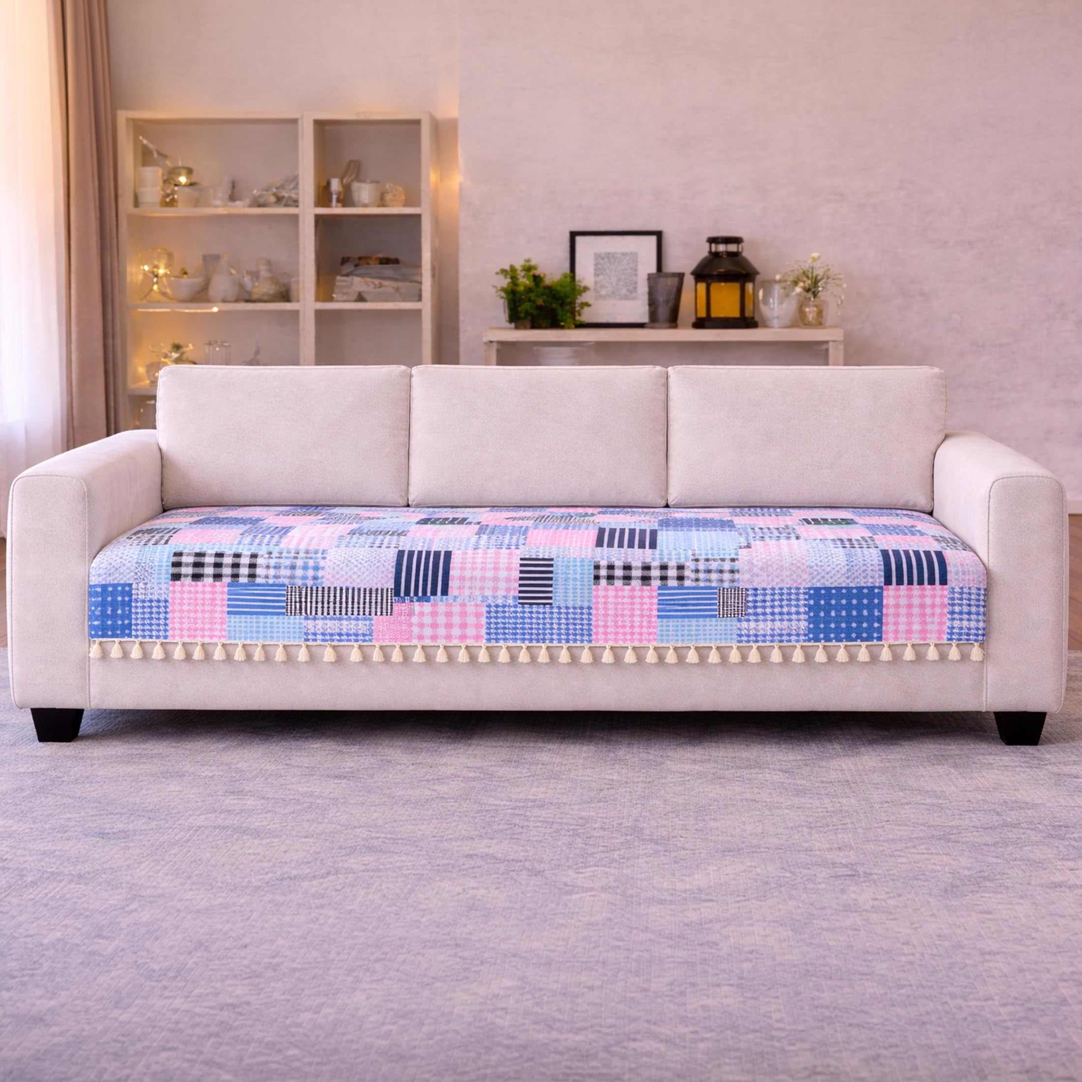 Cortina Printed Quilted Velvet Sofa Cover – Premium Sofa Couch Protector – Soft Plush Velvet, Non-Slip, Machine Washable Furniture Cover (Light Blue, 3 Seater)-image-17