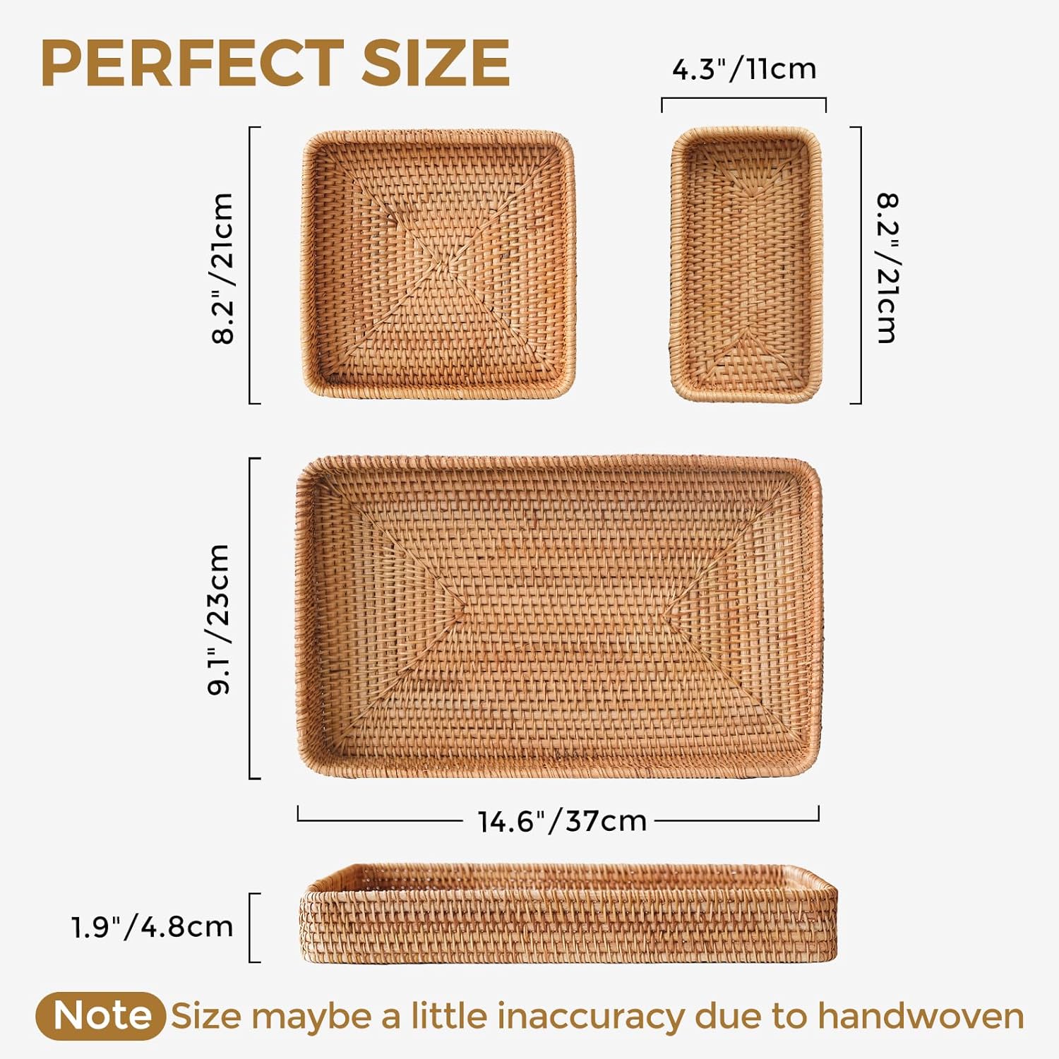 Rattan Serving Tray, Including 3 Sizes of Woven Wicker Rectangle Trays & Shallow Basket Trays. Decorative Rattan Baskets with Organizing Function, Daily Serving Needs