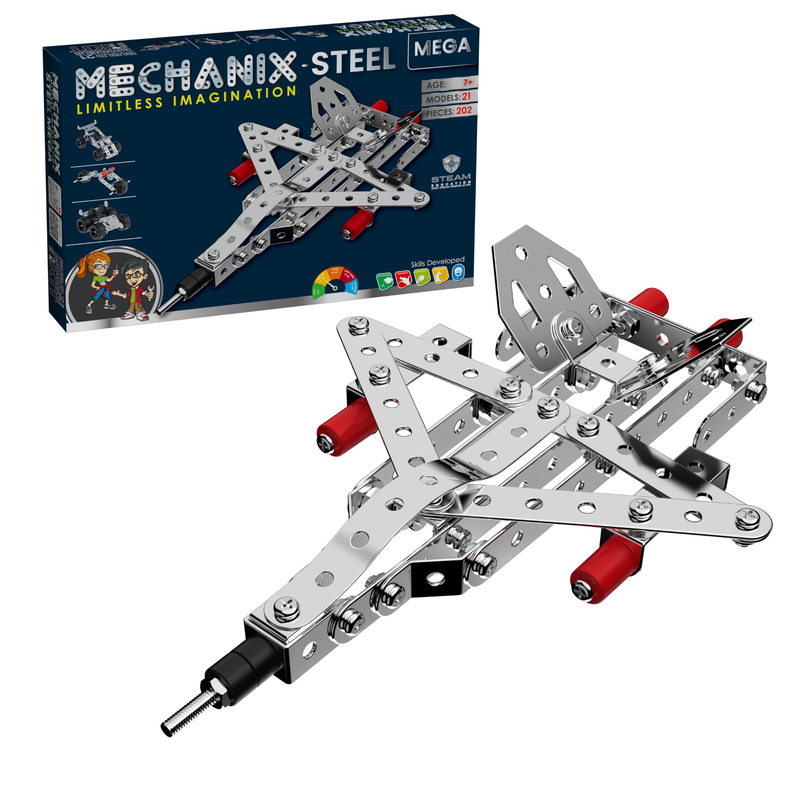 Mechanix Steel Mega - 202 Piece Building Kit I STEM/STEAM Toy for Adults, Kids, 8+, Families & Seniors | Made in India | Tools & Manual Included-image-24