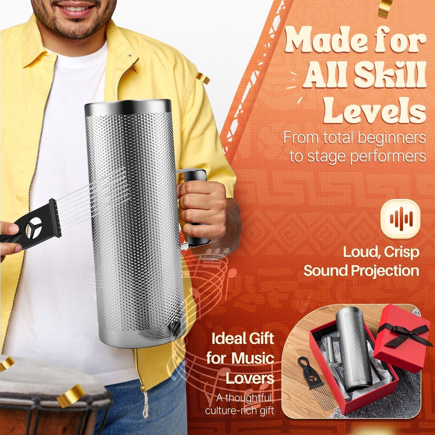 Flexzion Guiro in Metallo con Raschietto 5" x 12" (13 cm x 30 cm) - Rotondo Acciaio con Maniglia Strumento Musicale Latino-Americano Inox Percussione Musica per Gruppi Jazz Concerti Spettacoli Live