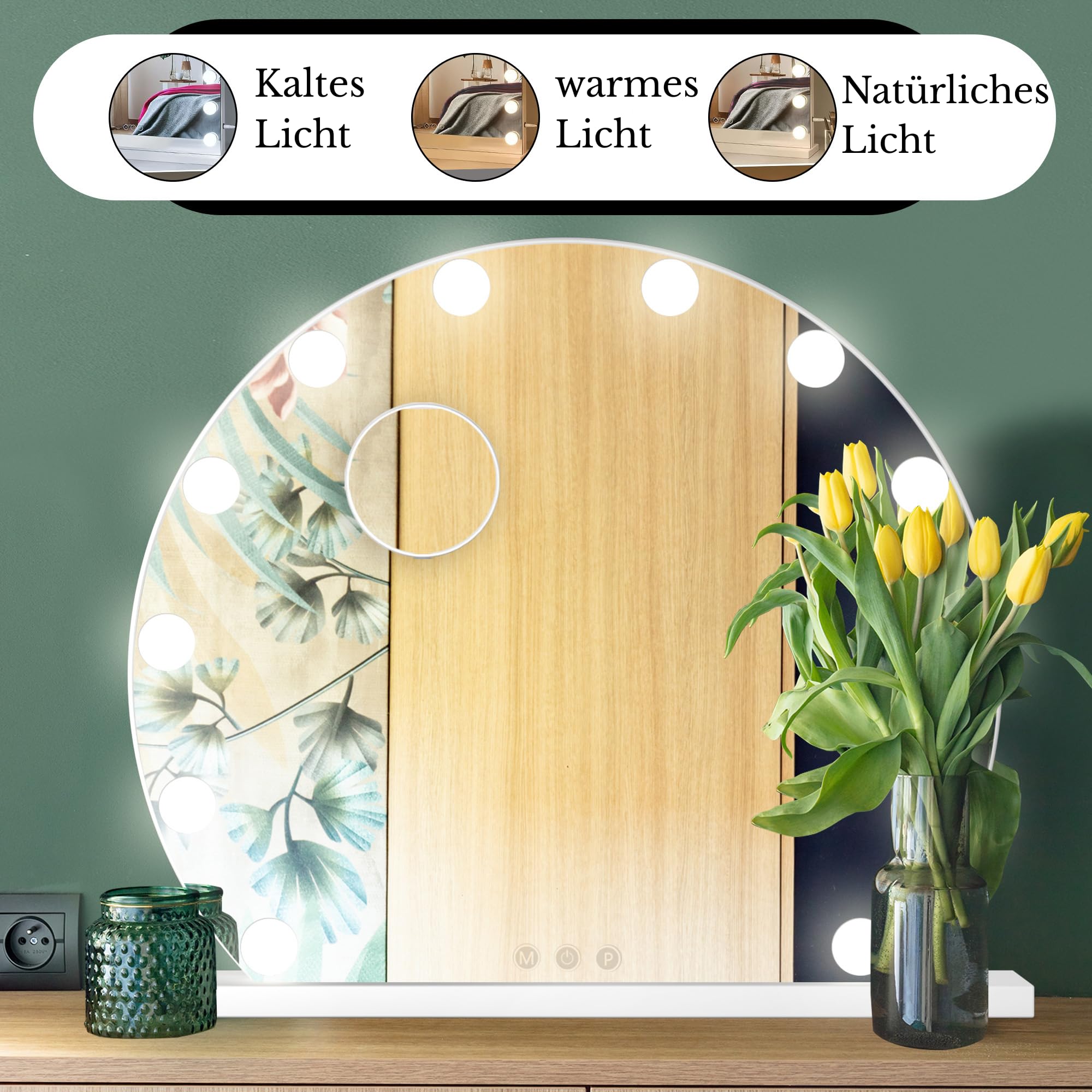 Bayt Hollywood Spiegel Rund (Ø 55 cm), Schminkspiegel mit Licht, LED Spiegel Schminktisch mit 10x Vergrößerung, Touch-Schalter & Dimmbar, Vanity Mirror, Weiß