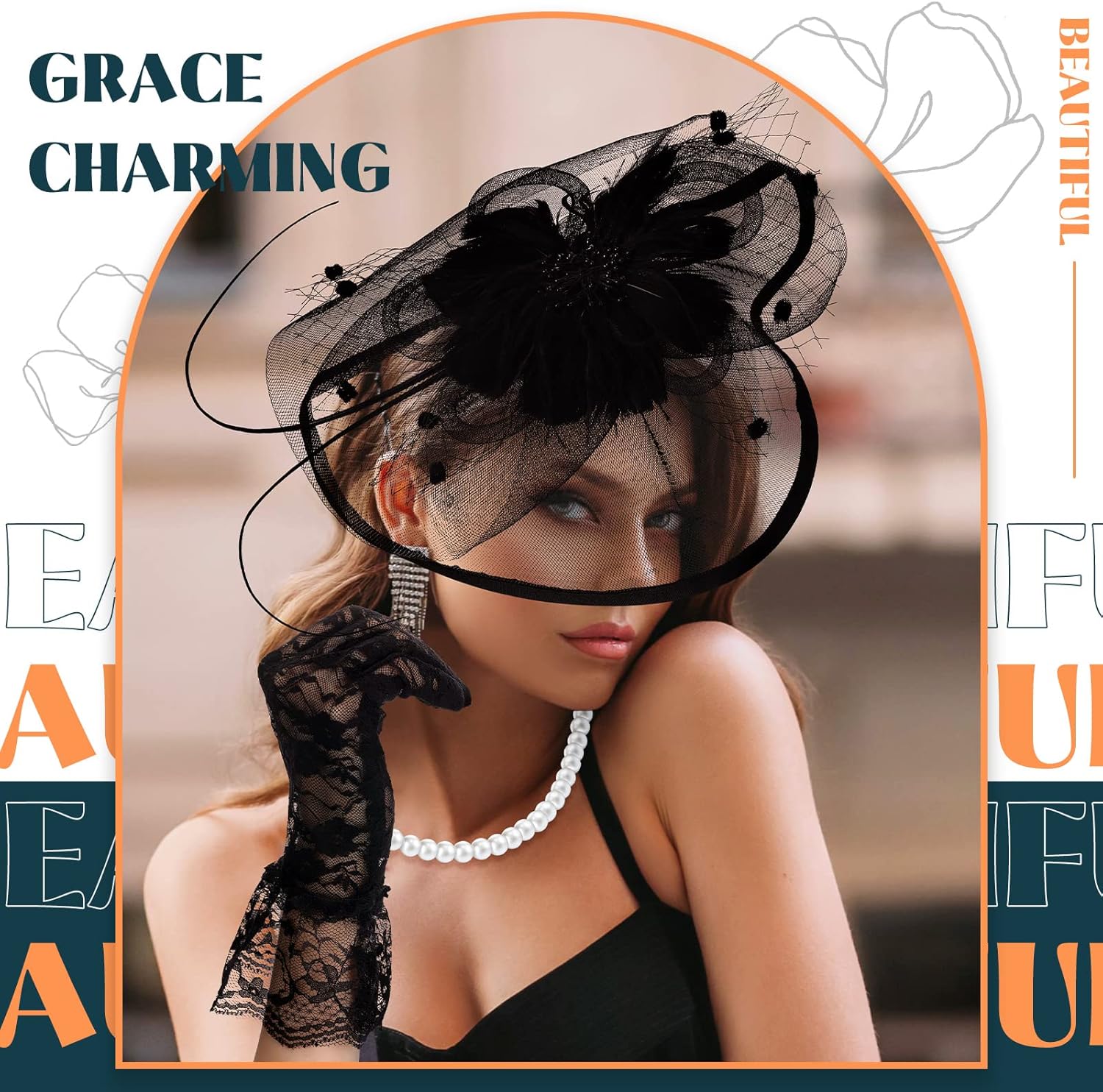 3 Pieces Fascinators Hats for Women Tea Party Hat Feathers Veil Mesh Hat Lace Gloves Pearl Choker Necklace Set for Wedding (Black) - Image 5