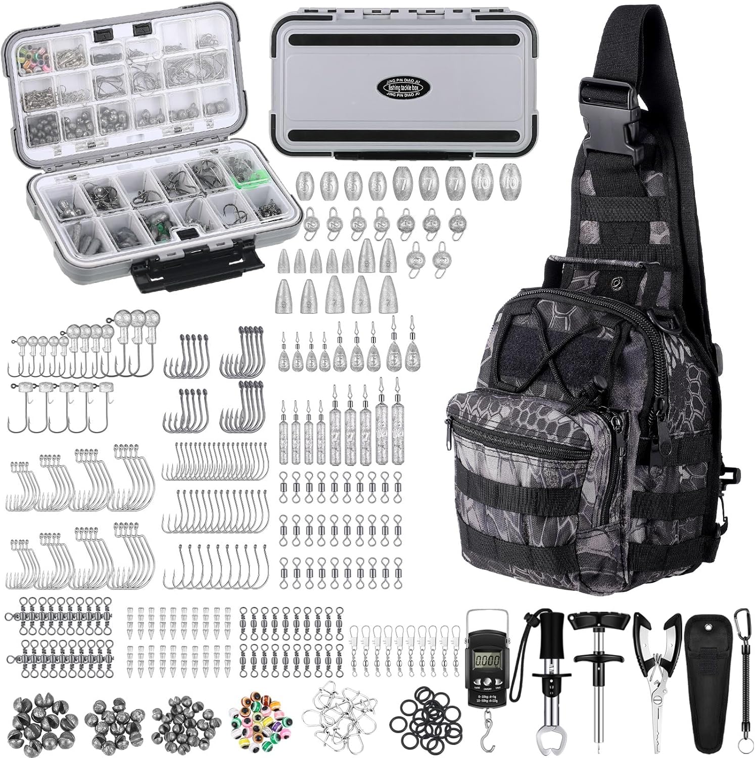 397 Pcs Fishing Accessories Kit Tools Include Backpack Fishing Tackle Box with Hooks Weights Sinkers Spinner Blade Gear