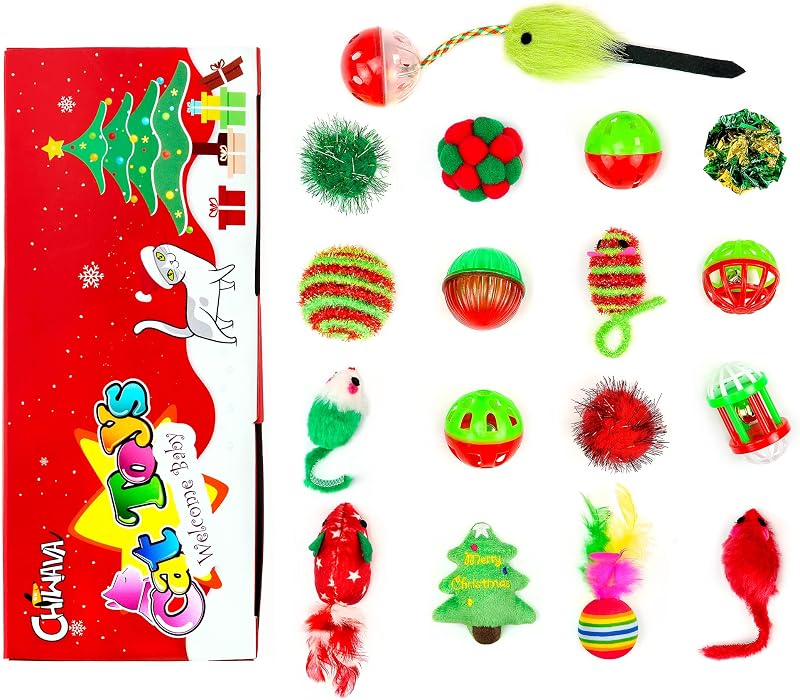 CHIWAVA 17 Pack Christmas Cat Toy Gifts Bag Set Assorted Toys Variety Pack