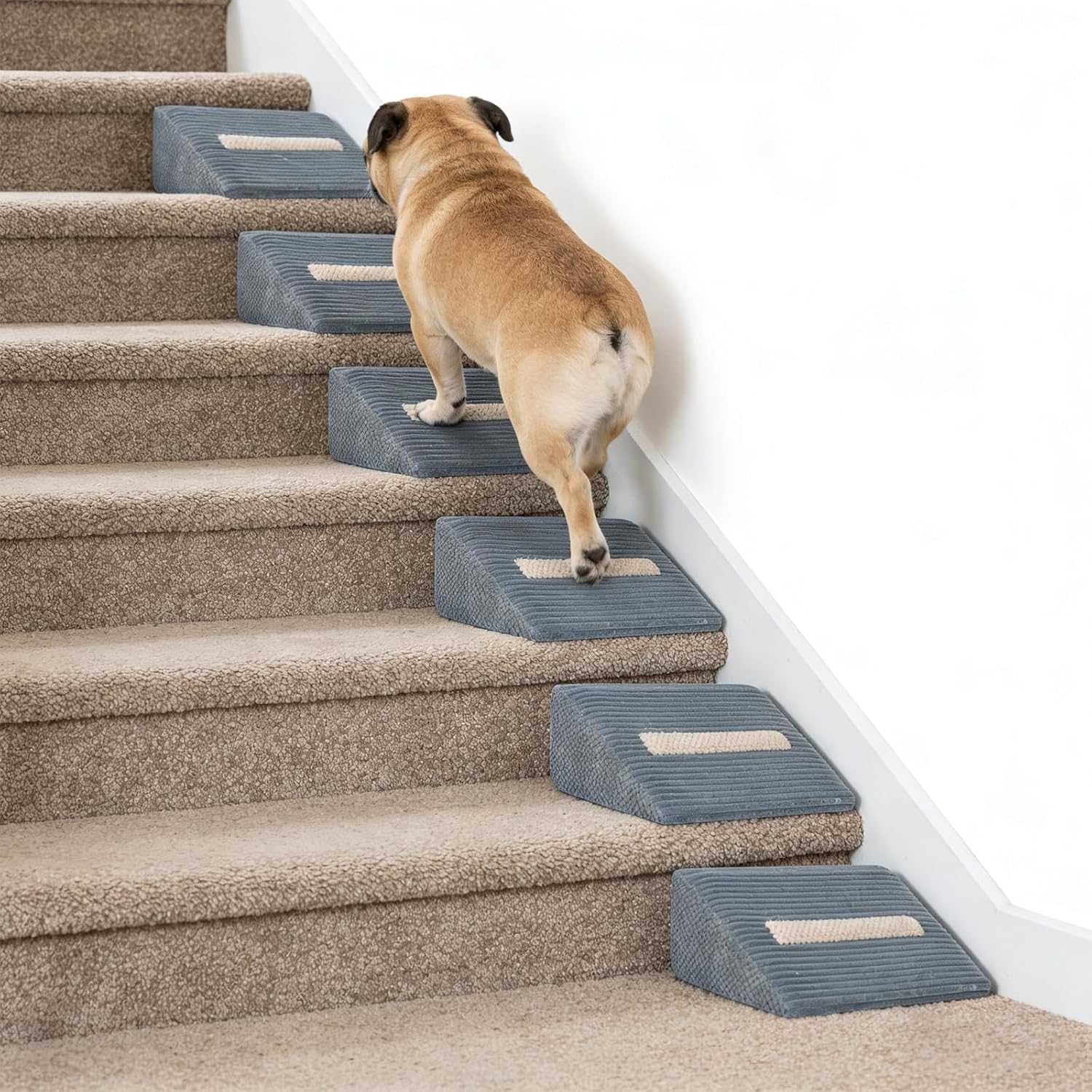 6 Pack Dog Ramp for Stairs for Small & Senior Dogs and Cats – 40D Non-Slip Stair Wedges for Dogs with Gentle Slope, Pet Steps with Washable Cover & Self-Sticky Pads for Safe Climbing
