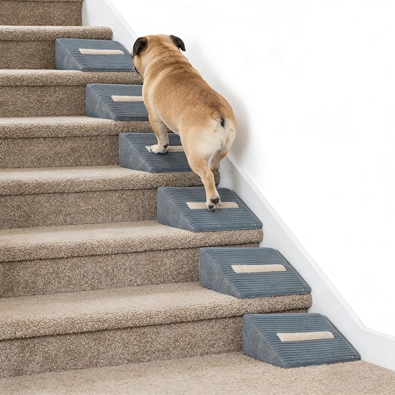 Foam Dog Ramp for Stairs, Low-Impact Climbing Dog Stairs for Senior Dogs | 5.1"H, 6 Pack, 40D High-Density Foam Won't Collapse, Protects Joints, Anti-Slip & Self-Sticky Pads, Washable Cover, Grey