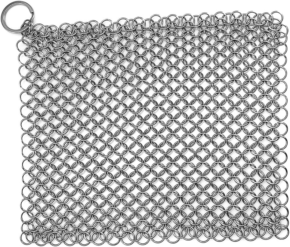 316 Stainless Steel Cast Iron Chainmail Scrubber Cleaner, Skillet Grill Scraper with Hanging Ring Anti-Rust Made for Pans, Pre-Seasoned, Waffle Iron, Dutch Oven, 8 inch x 6 inch