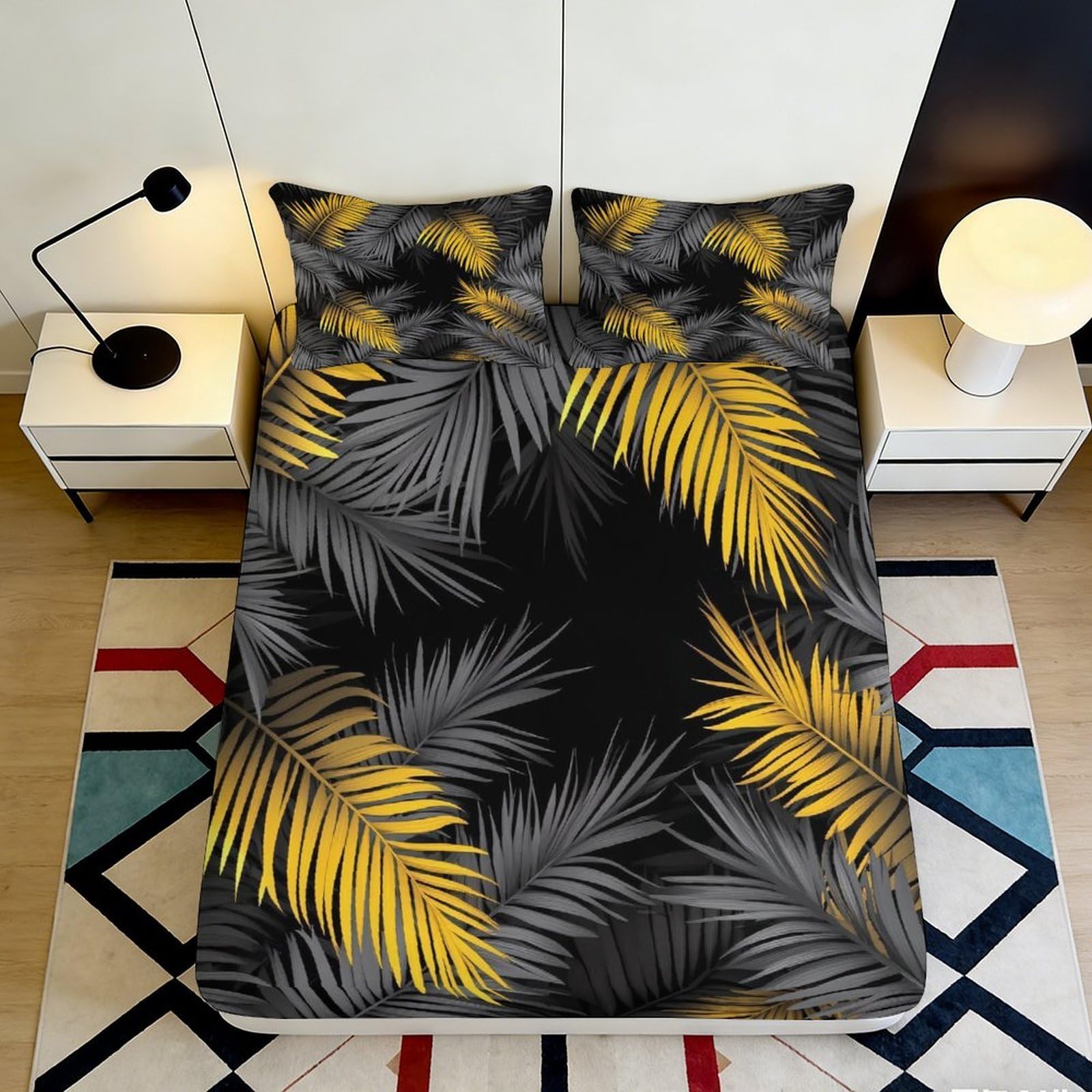 3D Printed Yellow Palm Leaf Fitted Sheet Microfiber Soft Non Slip Grey Tropical Mattress Cover for Bedroom Dorm Decor 160x200x25cm