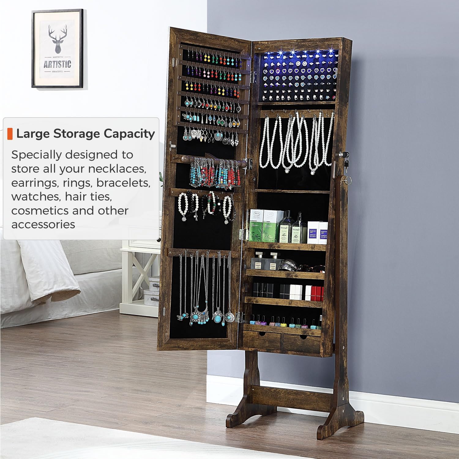 GISSAR Jewelry Organizer Full Length Mirror Jewelry Cabinet Standing/Wall Mounted Jewelry Armoire Storage with Lights Lockable, Vintage Brown