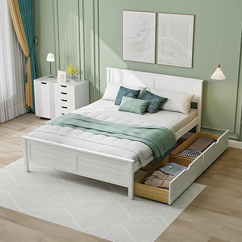 Giantex Base de cama de madera tamaño matrimonial con 2 cajones de almacenamiento, plataforma de madera maciza con cabecero, base de colchón de