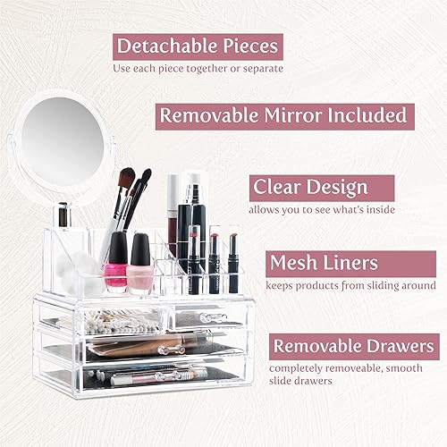 Miniatura 3 de Masirs Clear Makeup Organizer with Mirror – 16-Compartment Cosmetic and Jewelry Holder, 4-Drawer Vanity Storage, Elegant Clear Design for Makeup and