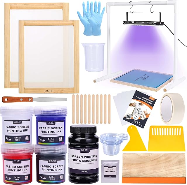 Caydo 46 Pieces Screen Printing Kit with 4 Color Fabric Ink, LED UV Exposure Lamp, Photo Emulsion, 2 Size Screen Printing Frame and Squeegees for Screen Printing