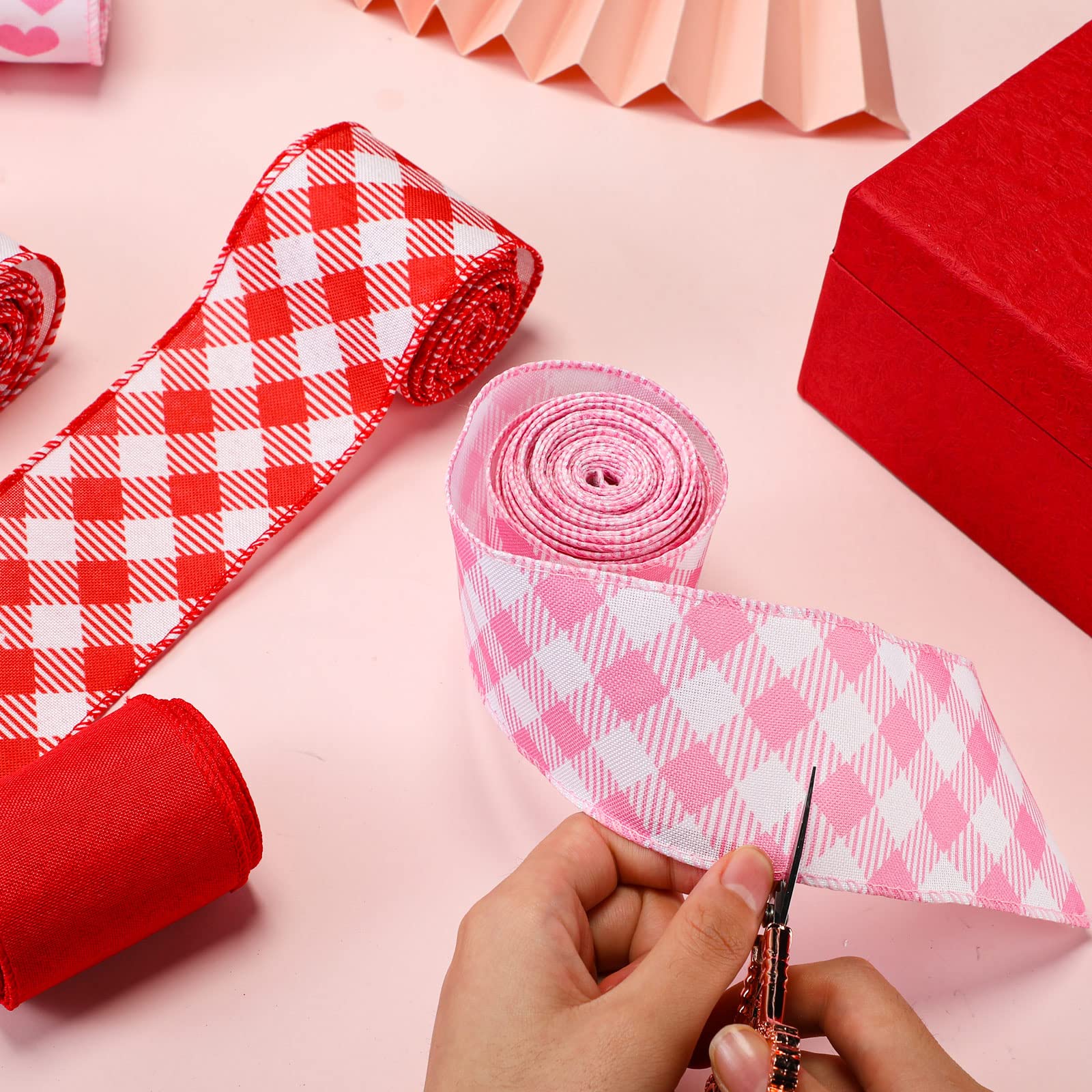 6 Rollen 30 Yards Valentinstag Juteband Drahtband 6,3 cm Herz bedruckt Valentinstag Juteband Rot Rosa Weiß Karo Band Diagonal Büffel Plaid Bänder für Kranz Schleife Basteln Dekor