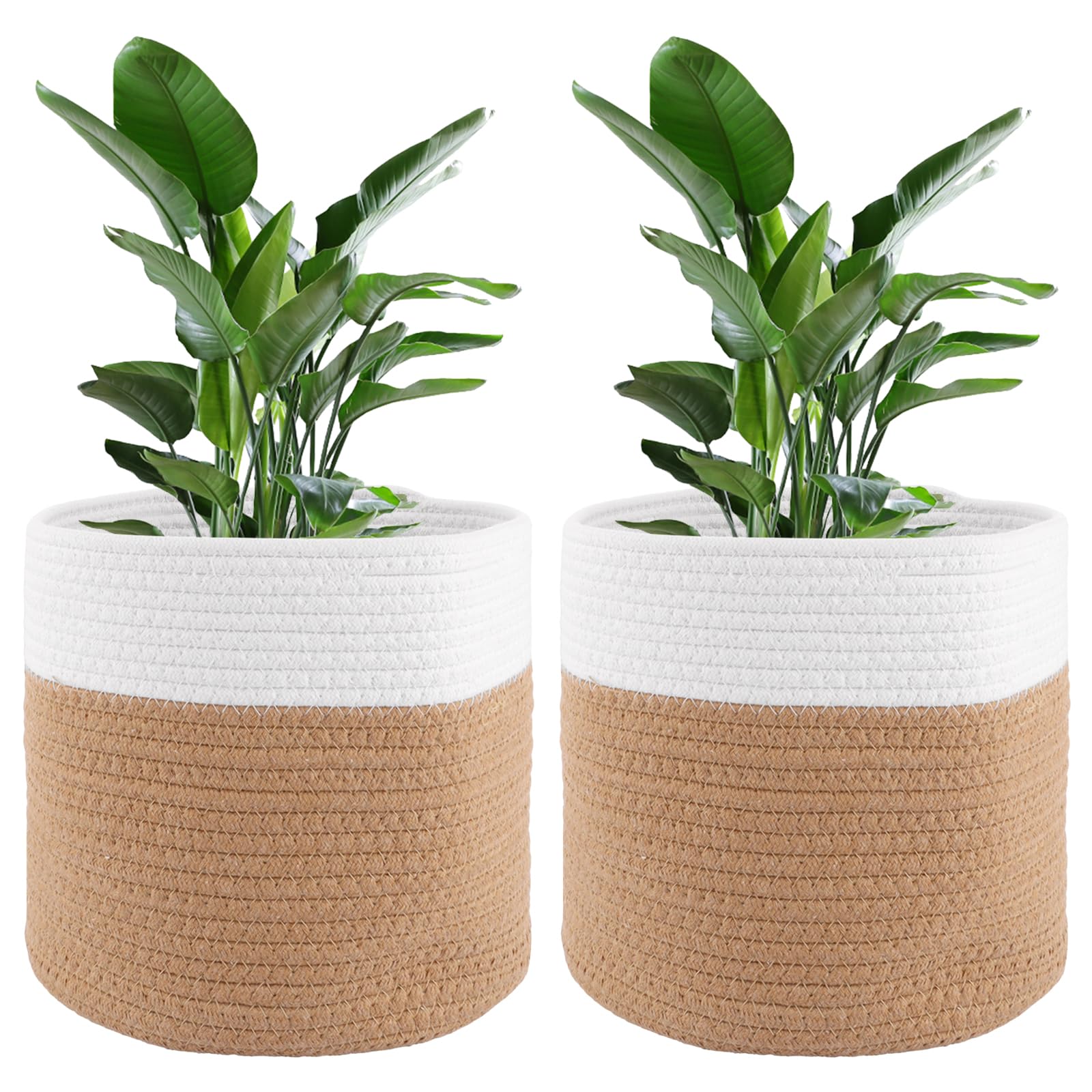 Lot de 2 Pots de Fleurs tressés, Panier pour Plantes d'intérieur, Cache Pot Plante Interieur, Panier de Rangement tissé en Coton à Linge pour Linge, Jouets (25 cm x 25 cm)