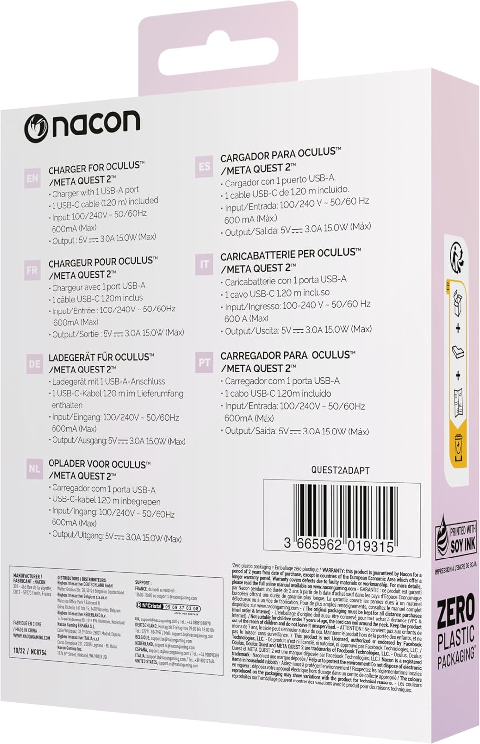 Back of NACON Meta Quest 2 A/C Adapter packaging with specifications