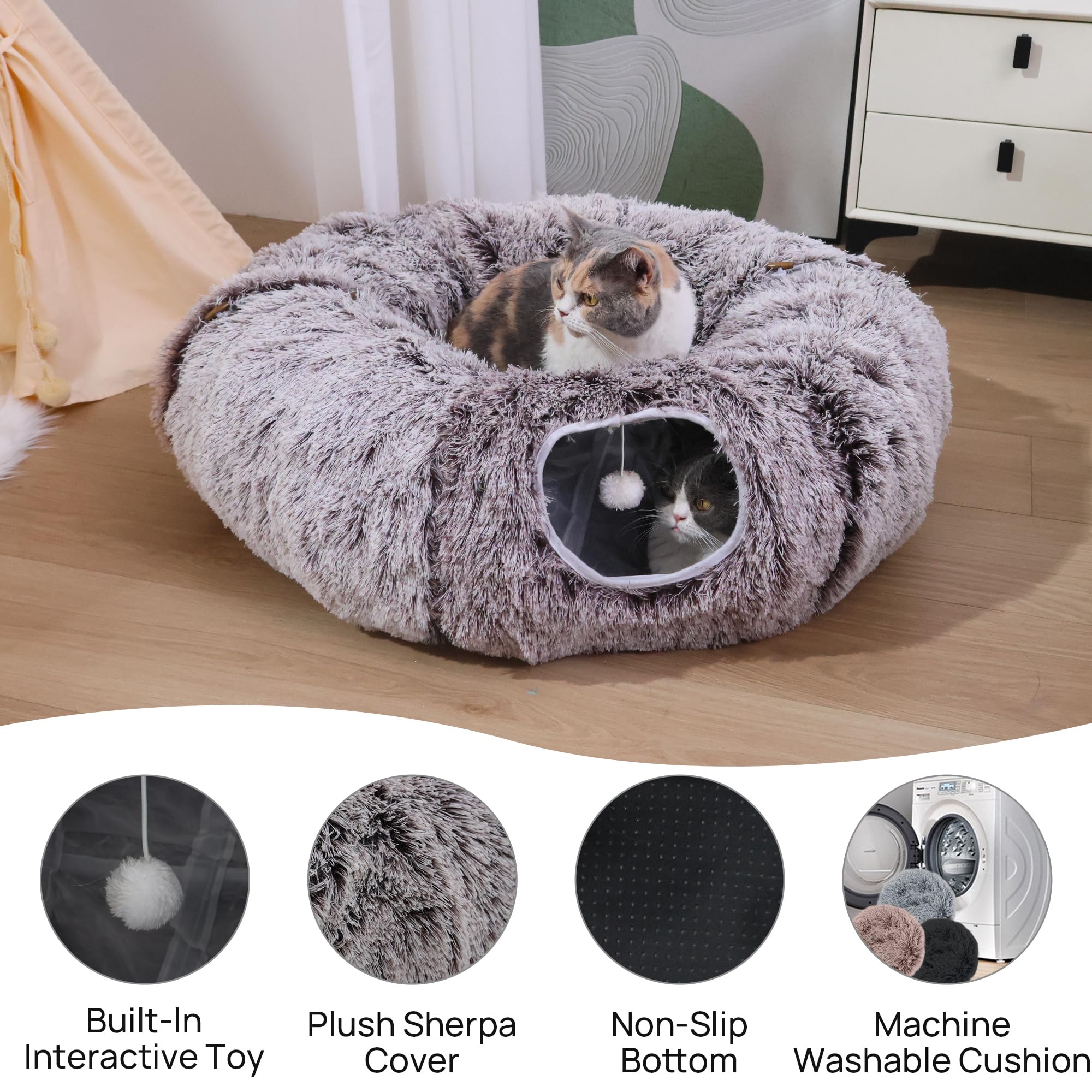 Cama Tipo túnel de Felpa para Gatos de Interior con cojín Suave, Cueva de Juego multiforma con Bolas Colgantes, túnel Grande y Plegable para Mascotas pequeñas y Grandes (marrón)