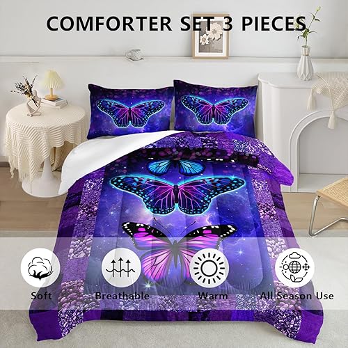 Miniatura 3 de Axolotl Juego de edredón de mariposa azul, tamaño Queen, hermosas mariposas, galaxia, juego de edredón de cuadrícula, ropa de cama romántica para