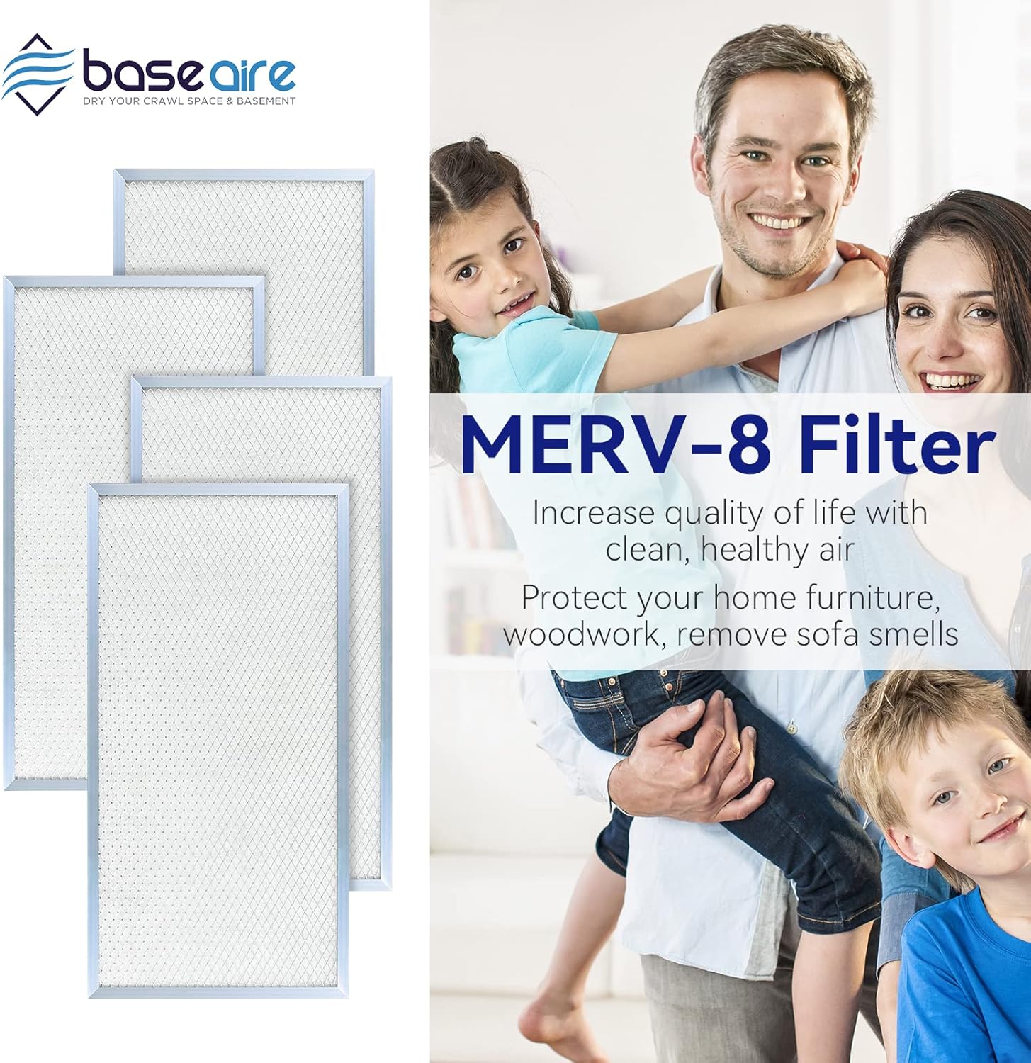BASEAIRE 4 Pack MERV-8 Filter Replacement Set for Crawl Space/Basement Dehumidifiers Airwerx55, Airwerx65X