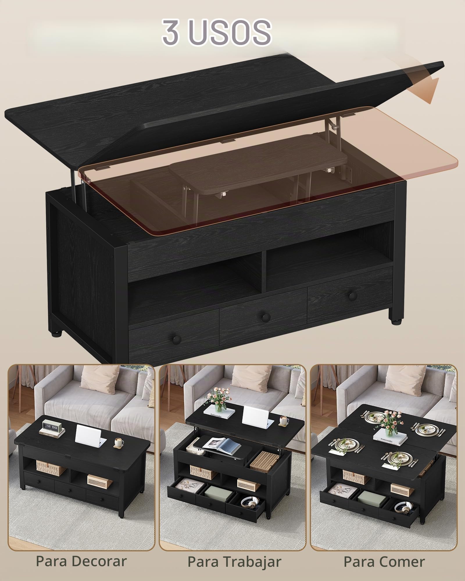 Hzuaneri Tavolino da Salotto, 100 cm, Nero, 3 in 1 Multifunzionale | 50 × 100 × 47 cm, Tavolino da Caffè Sollevabile con 3 Cassetti e 2 Organizzatore Aperto, 3 in 1 Multifunzionale, CT22204B