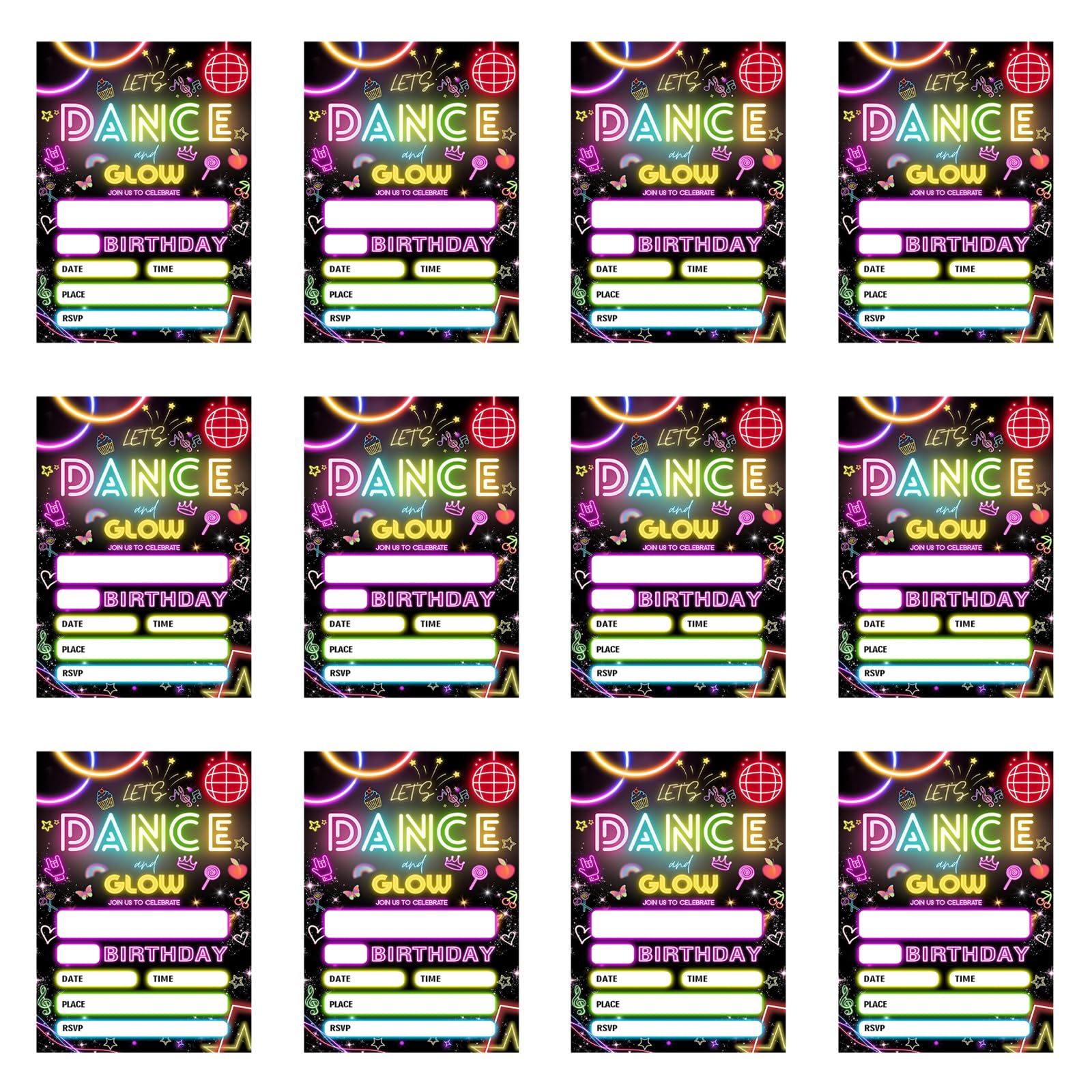 ZEPFJHE 12Pcs Glowing Fluorescent Greeting Card 5x7Inch Birthday Invitations for Birthdays Celebration and Social Gatherings Invitation Cards