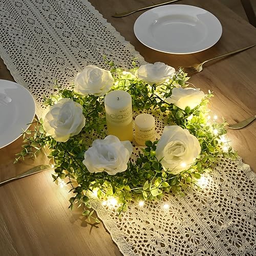 Miniatura 8 de Dolicer Paquete de 2 guirnaldas de eucalipto con flores, guirnalda verde de 12 pies con flores, enredaderas colgantes falsas, hojas de eucalipto con