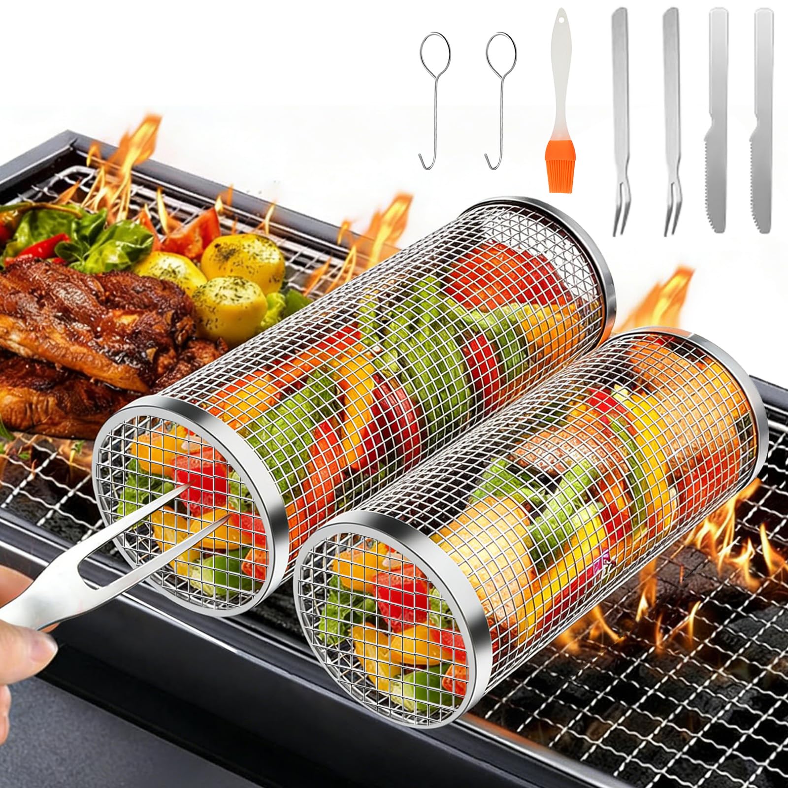 Panier à Griller Roulant 2 Pièces, Acier Inoxydable 304 avec Support & Brosse, pour Légumes, Frites, Poisson, Accessoires Grill pour Extérieur Camping Jardin, Cadeau Homme ou Papa