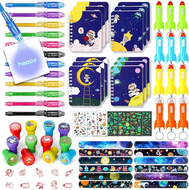 Latocos 72pcs Space Party Bag fillers Space Party Favors Invisible Ink Spy Pens Notebook Rocket Keychain Stamper Slap Bracelet Glow in Dark Tattoo Treat Pinata Boys Kids Birthday Party Supplies
