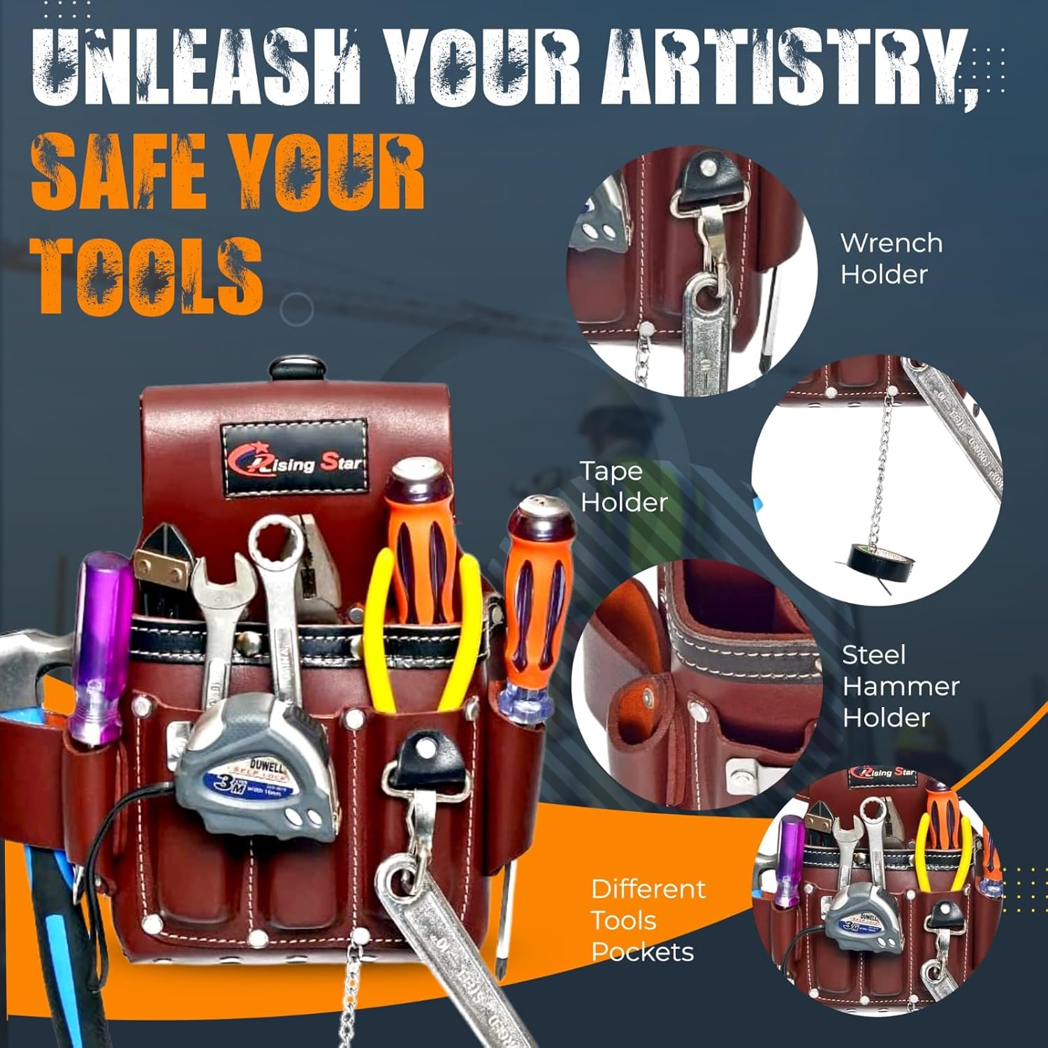 Rising Star Wears Professional Tool Belt with Suspenders | Leather Carpenter & Electrician Tool Belt | Heavy Duty Construction Belt for Men