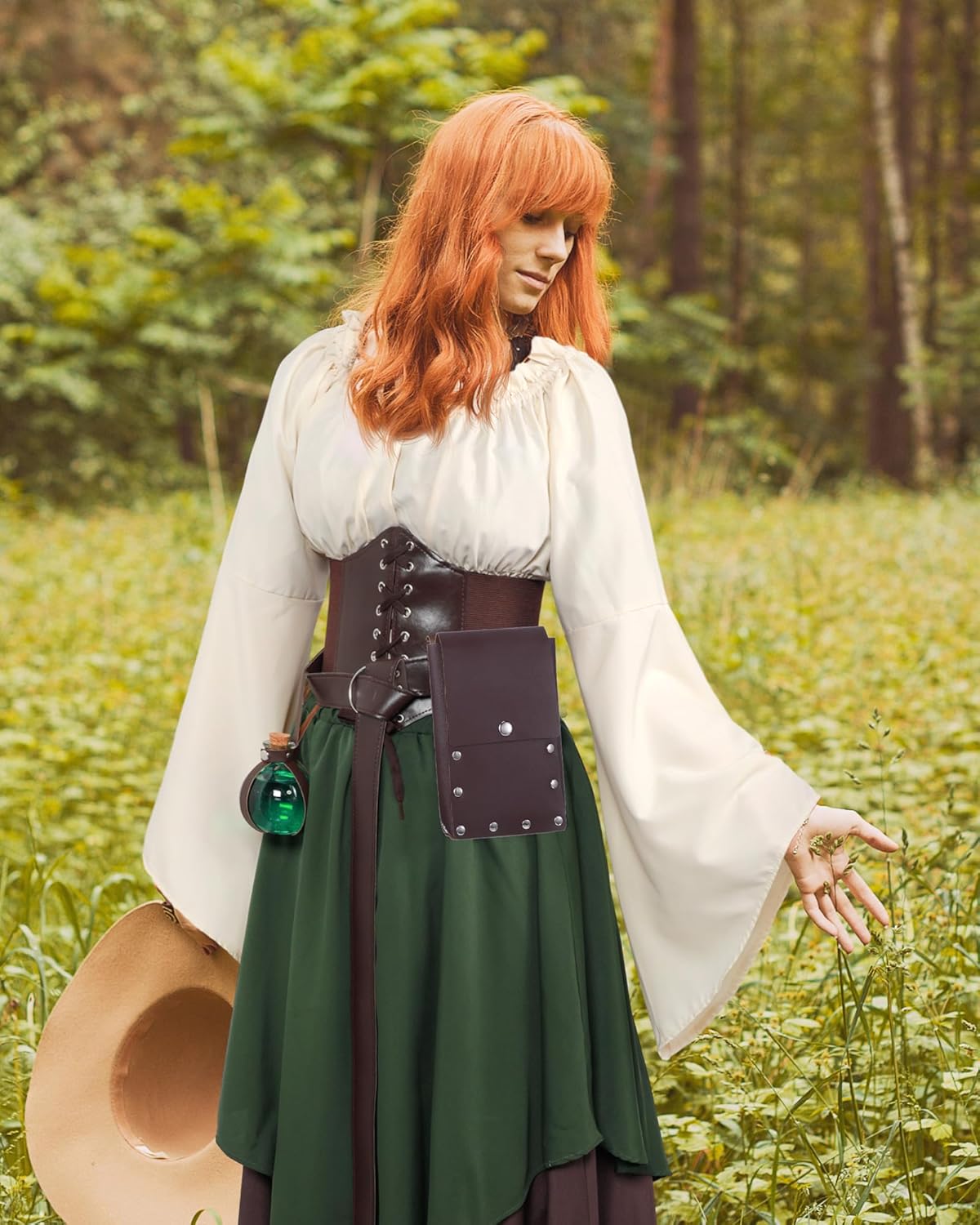 Hillban Women Medieval Renaissance Dress Costume Halloween Blouse Top Skirt Pouch Bottle Corset Belt - Image 5