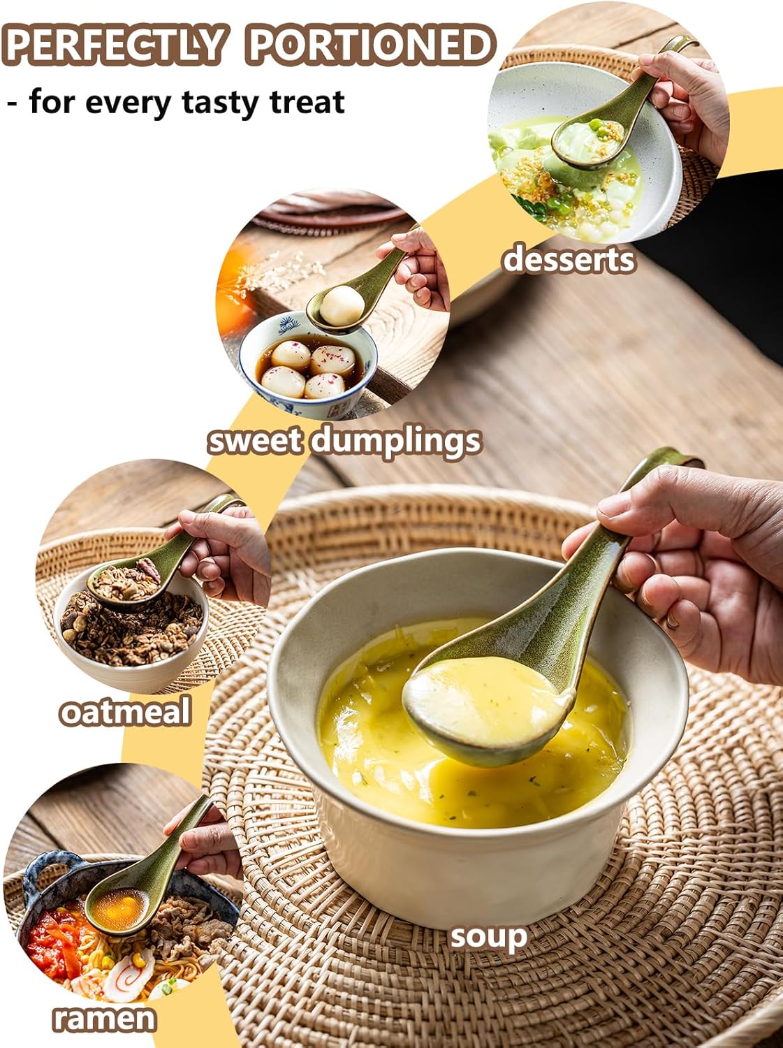 Gomakren Asian Soup Spoons, 6.5 Inch Ceramic Chinese Soup Spoons & Large Soup Bowl with Handle, 39 Ounces Ceramic Bowl with Lid