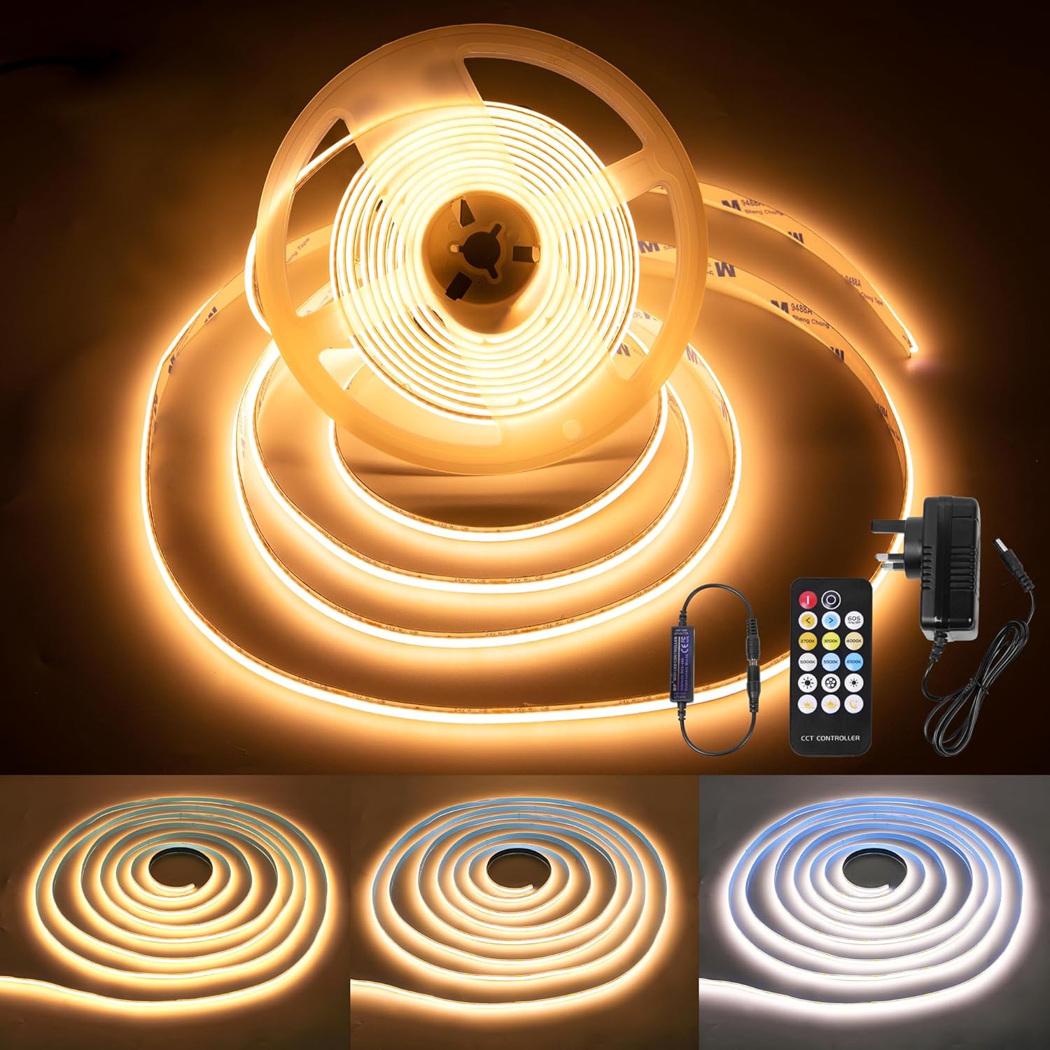 Fussion COB Led Strip Light 16.4ft Warm White LED Lights for Bedroom, Ultra Bright 24V Cabinet Strip Lighting with Remote Control, Ambient Mood Lighting for DIY Mirror, TV, Nightstand, Kitchen