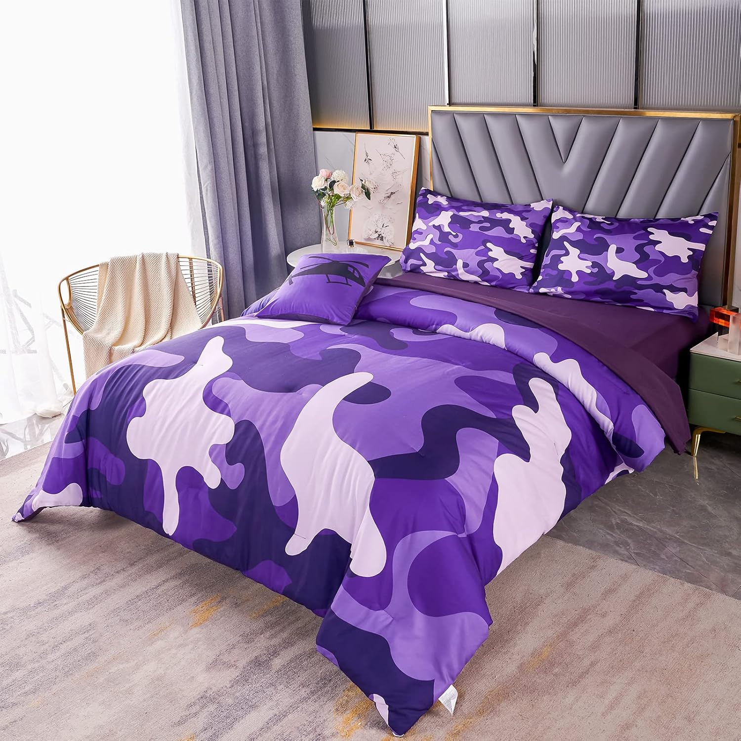 PERFEMET 6 Pcs Purple Camo Comforter Set Twin Size