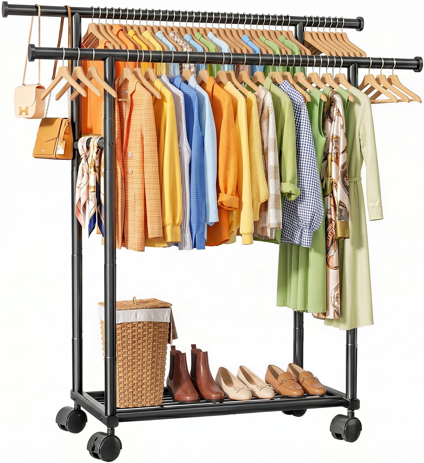 Sakugi Double Rods Clothes Rack - Metal Clothing Rack with Fixed Double Rods, Rolling Wheels & Built-In Shelf for Closet, Bedroom, Laundry Storage (39" x 17" x 60", Black)