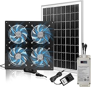 Solar Exhaust Fan with 12000mAh Battery,Solar Chicken Coop Powered Fan with 25W Solar Panel & 4 Pcs High-Speed Brushless D...