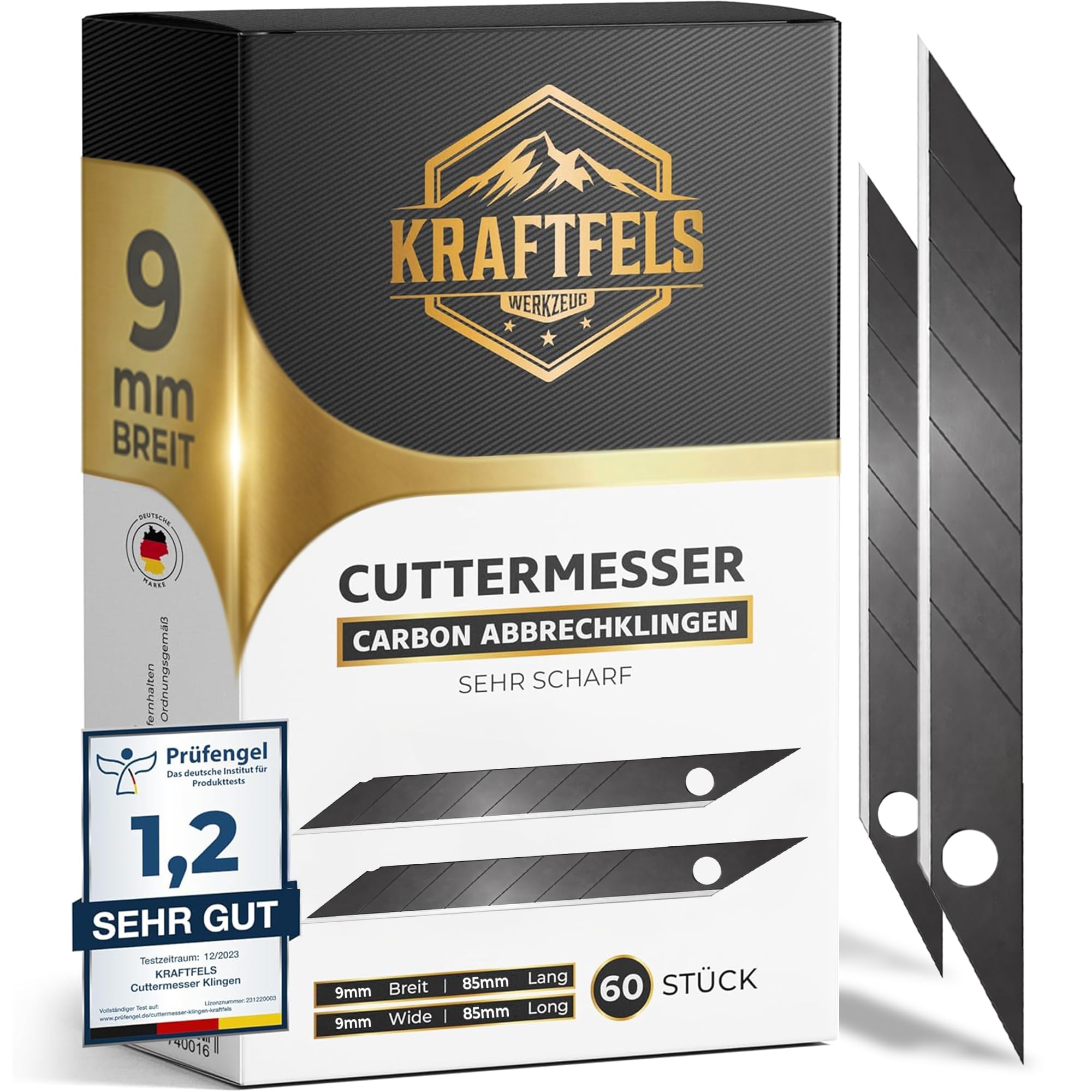 KRAFTFELS 60x Profi Cuttermesser Klingen 9mm - Ersatzklingen Cuttermesser 9mm aus hochwertigem Carbonstahl - Klingen Cutter Messer - Gehärtet & ultra scharf - Abbrechklingen für Cutter Messer Schwarz