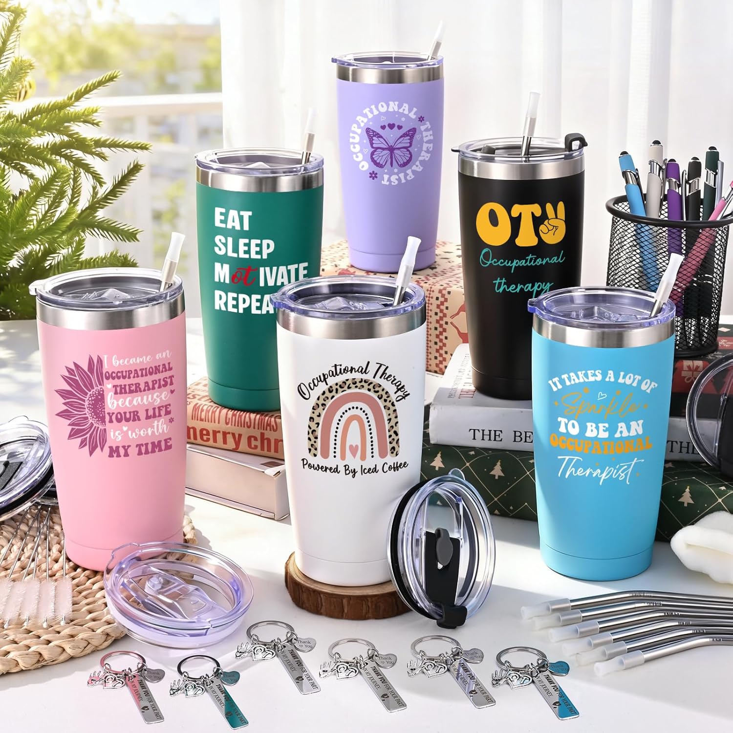 Lifecapido 18 Pcs Occupational Therapy Gifts, OT Month Gifts, 20oz Insulated Tumbler with Ballpoint Pens and Keychains, Birthday Christmas OT Occupational Therapy Month Gift for Women Men Therapists - Image 2