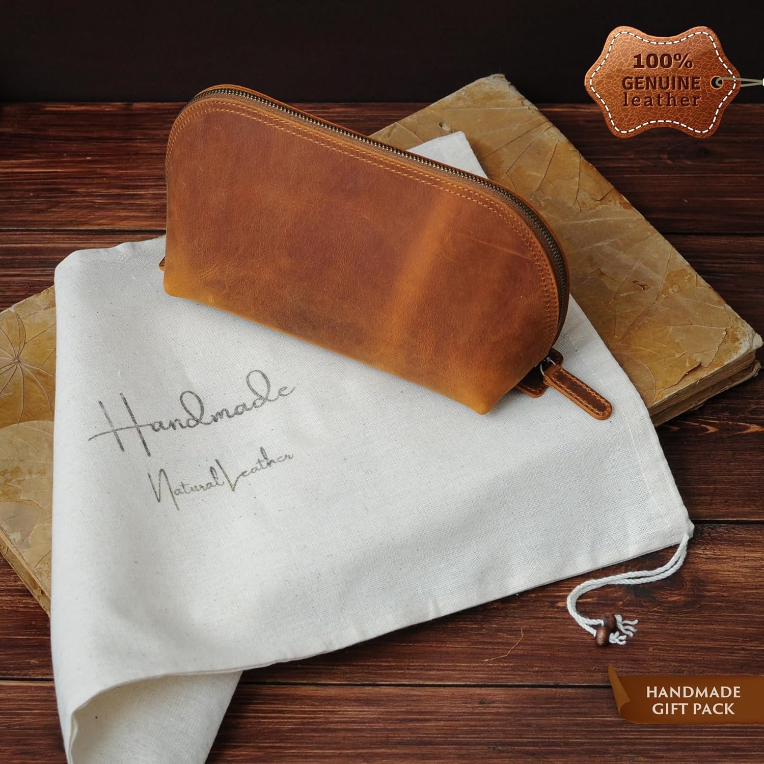 Handcrafted Leather Makeup Bag for Holiday, Customizable Handmade Leather Cosmetic Bag to Keep Toiletries for Travels, Dark Brown