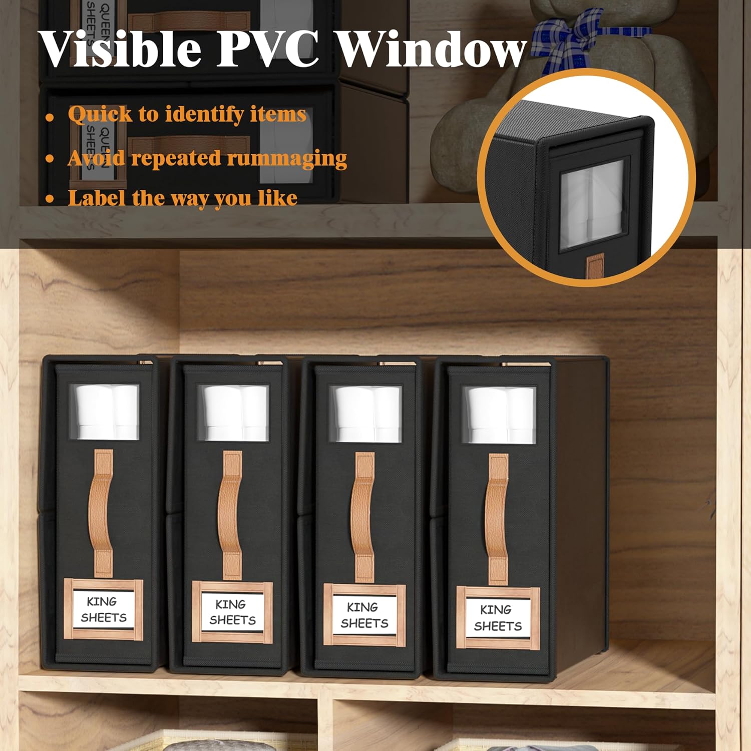 4 Pack Foldable Bed Sheets Set Organizers and Storage(King & Queen Size),Linen Fabric Closet Organizers with Window,Folding Bedding Storage Box for Bedsheets and Pillow Cube Organizer-Black - Image 4