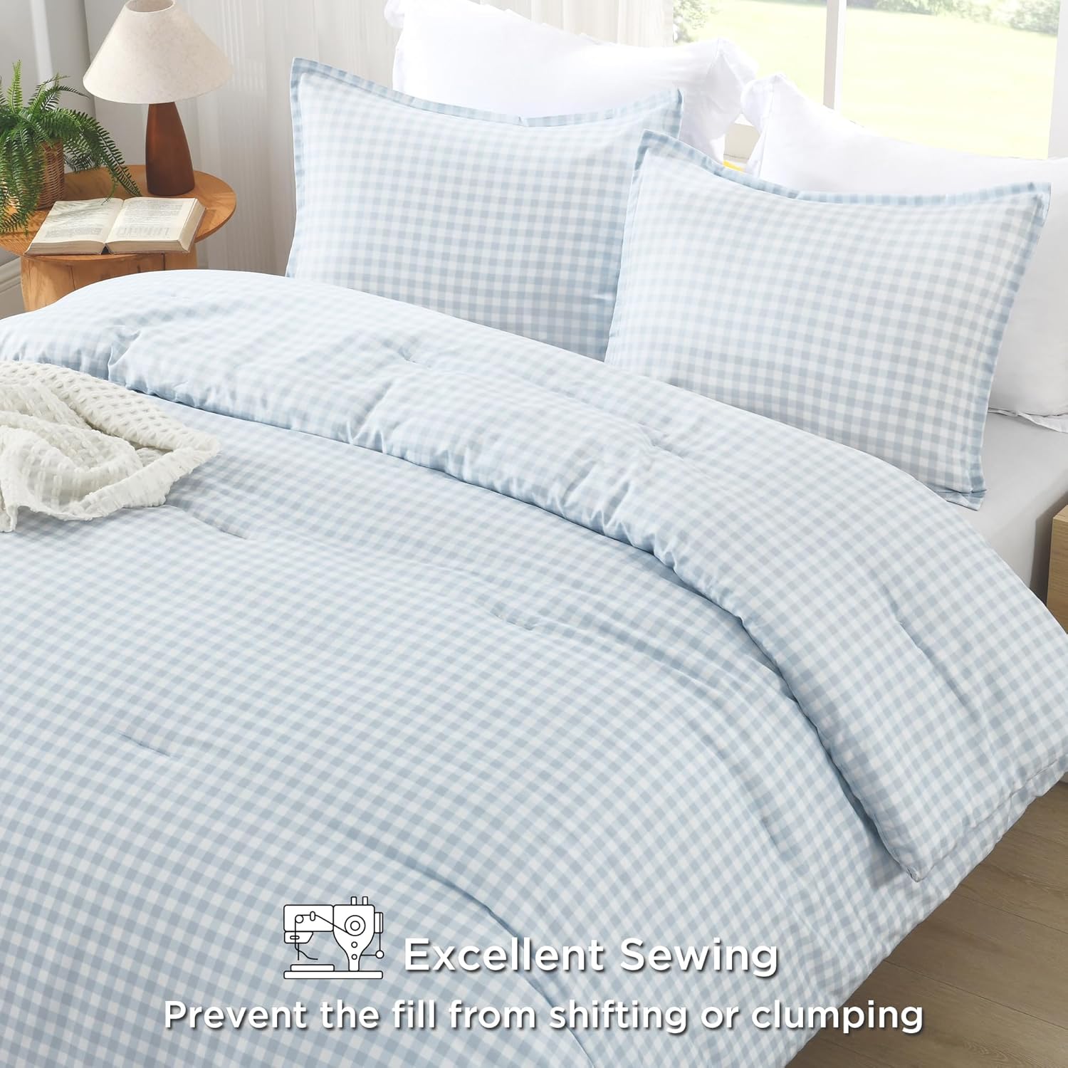 Andency Light Blue Gingham Comforter Set Twin(66x90Inch), Checkered Grid Plaid Buffalo Bed Set for Girls Boys Kids Teens, 2 Pieces Lightweight Polyester Geometric Preppy Bedding