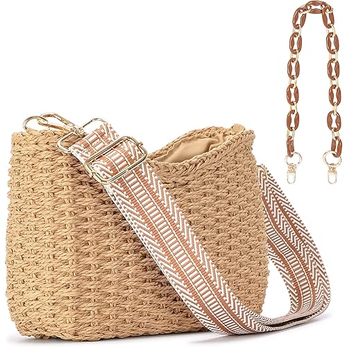 Herald Small Handmade Straw Pocketbook Crossbody Bag for Women, Summer Chic Woven Handbag Shoulder Purse with Chain