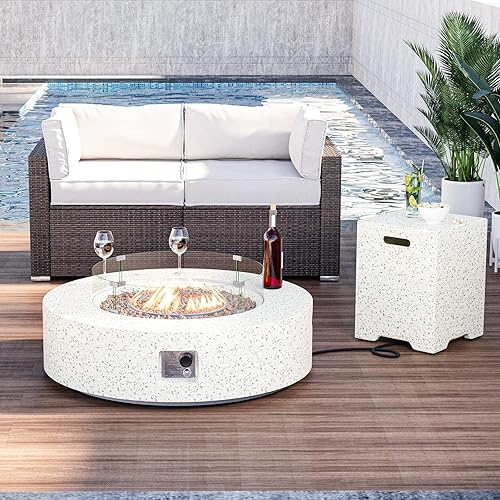 HOMPUS Mesa redonda de propano para exteriores, mesa de fuego de 41 x 12 pulgadas con protector contra el viento y mesa de cubierta de tanque de 20