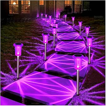 DenicMic Solar Lights Outdoor 10 Pack Waterproof Purple LED Stainless Steel Stake Lights for Yard Pathway Garden Driveway Walkway Landscape Halloween Decorations