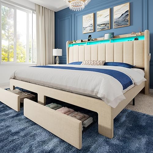Miniatura 18 de Allewie - Base de cama con plataforma de tamaño Queen, tapizada en terciopelo con diseño acolchado vertical, cabecera con 2 niveles y almacenamiento