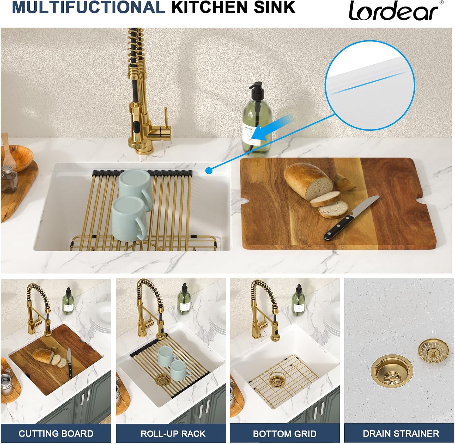 Lordear 21 Inch White Kitchen Sink Granite Composite Undermount Bar Sink Workstation 21x18 White Quartz Samll Under Counter Single Bowl with Gold Accessories