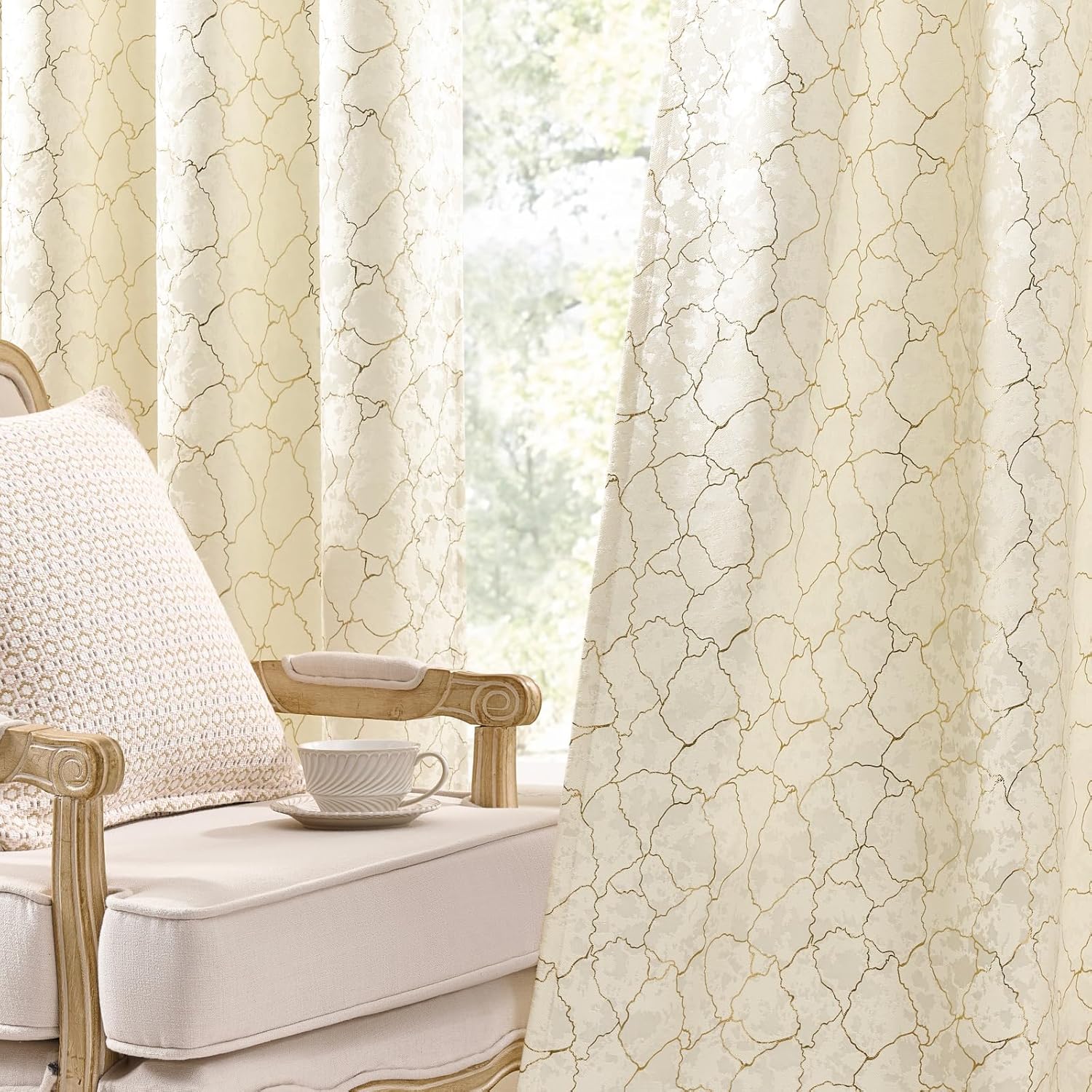 Ivory and Gold Curtains 63 Inch Length 2 Panels Cream Room Darkening Curtains Grommet Modern Art Golden Foil Decor Baroque Metallic Marble Look Textured Jacquard Window Drapes for Bedroom, 52x63