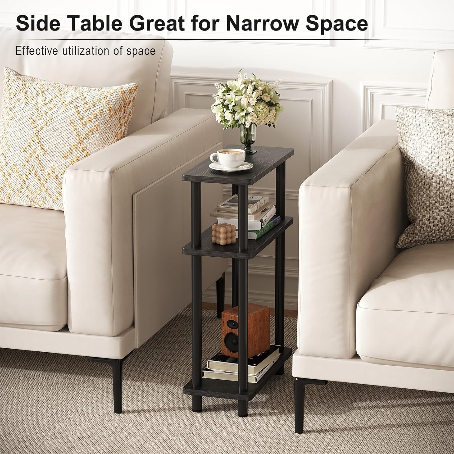 Apicizon Small Narrow Side Table, 3-Tier Skinny End Table with Storage Shelf, Slim Nightstand Bedside Table for Small Spaces, Living Room, Bderoom, Black