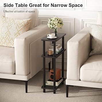 APICIZON Narrow Side Table, Slim Small Table, 3 Tier End Table Living Room, 40x18x61.5cm, Modern Thin Side Tables for Living Room, Bedroom, Sofa, Small Nightstand with Magazine Rack, Wooden, Black