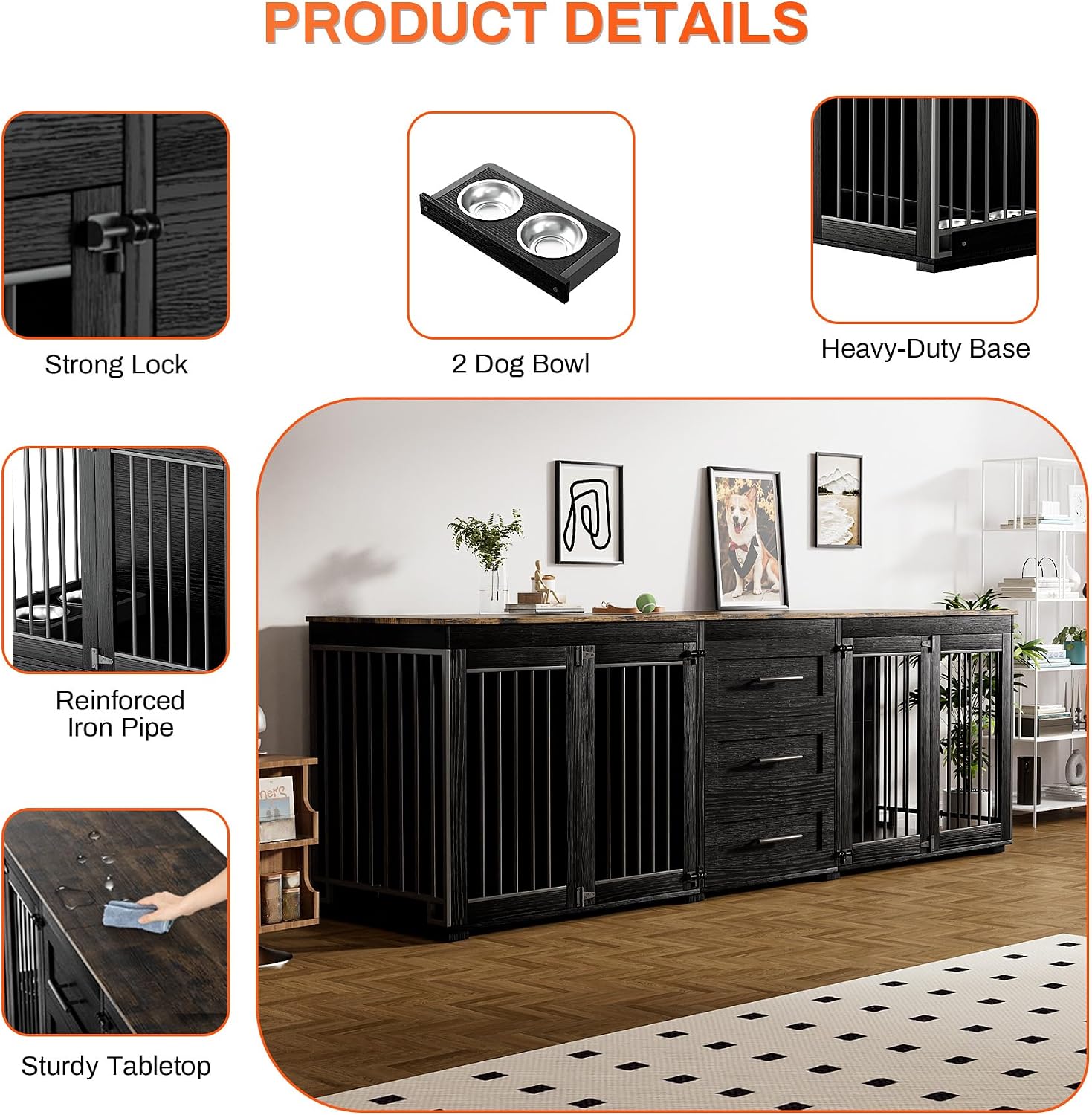 Rophefx 94.5" Dog Crate Furniture for 2 Dogs, Large Dog Kennel Furniture with 3 Storage Drawer, Wooden Dog Cage with 4 Bowls, Indoor Dog House TV Stand with Locks for Large Medium Dog, Black