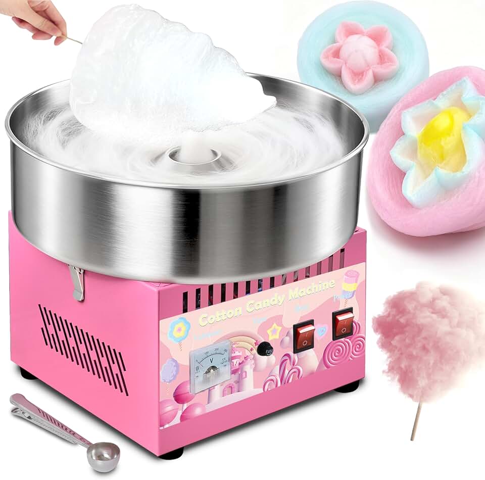 Máquina comercial de algodão doce, máquina de fazer algodão doce de 1000 W, máquina de fio dental com tigela de aço inoxidável, colher de açúcar, interruptor duplo fácil e seguro de usar para crianças