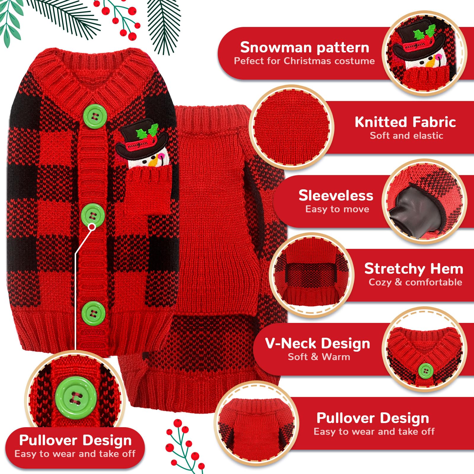 ABRRLO Dog Christams Jumpers XS Small V Neck Puppy Xmas Jumper Cute Elk Red Doggy Cat Christmas Sweater Knitted Outfits for Small Medium Large Dogs (Grid snowman - Image 4